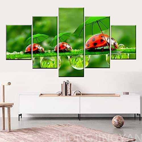 Art mural coccinelle tableau 5 panneaux photo sur toile de salon moderne grand format 200x100 cm