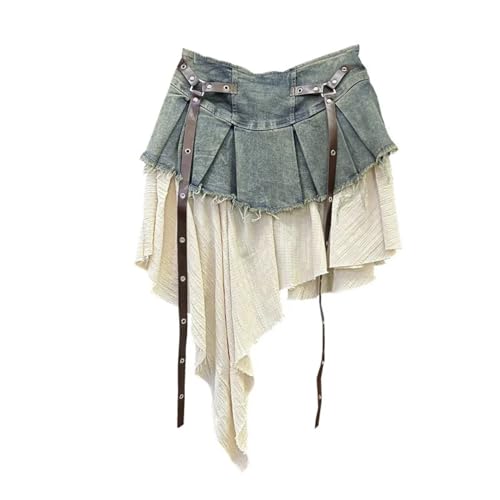 Retro Spliced Denim Pleated Skirt for Women Summer High Waist A-line Skirt