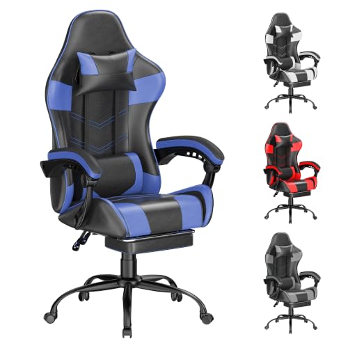 Image of Gaming Chair with Footrest, Ergonomic Video Game Chair with Headrest and Lumbar Support, 400 lbs Adult Chair, Height Adjustable 360 Swivel High Back Reclining Computer Chair for Home Office (Blue)