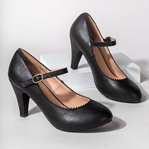 Mary Jane Kitten Heels, Vintage Retro Scallop Round Toe Shoe With An Adjustable Strap, 6.5 B(M) US, Black PU
