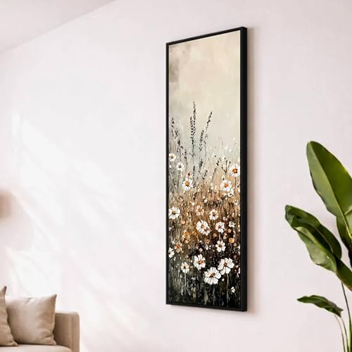 Image of Elegant Daisy Floral Vertical Wall Painting Framed Canvas Wall Art, Modern Nature Flower Artwork for Living Room Dining Area Bedroom Decor, Premium Ready to Hang Home Interior Wall Frame (13x47 Inch)
