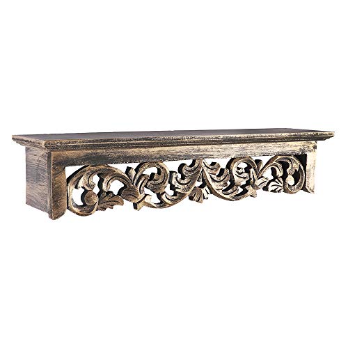 Image of THE URBAN STORE Shelf Wooden Wall Mounted Distressed Gold Color 60 x 15 X 12 CM Pack of One French Country Style Elegantly Floral Hand Crafted for Home and Office Decor TUSSLF06