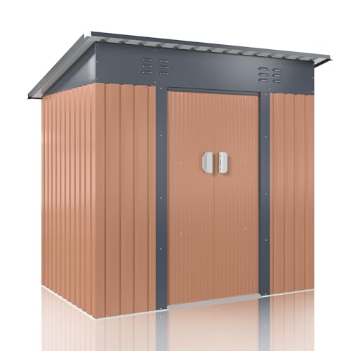 Image of DAUSOLA 6x4 FT Outdoor Storage Shed, Metal Garden Tool Shed with Updated Frame Structure and Lockable Doors, Ideal for Backyard Garden Patio Lawn, Brown