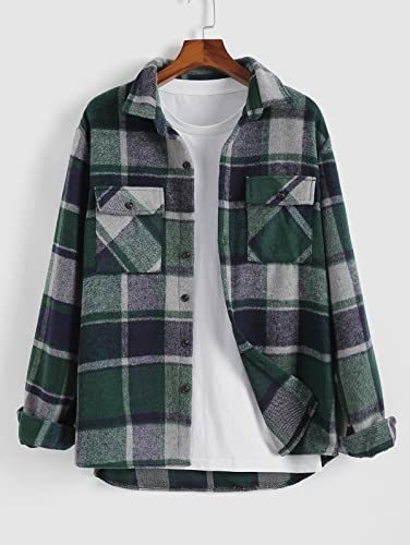 Image of ZAFUL Unisex Plaid Flannel Shirt Jacket Button Down Long Sleeve Pocket Coat Outwear | Mens Fall Clothes Lightweight Long Sleeve Button Down Flap Pocket Jacket Tops for Fall&Winter 2026