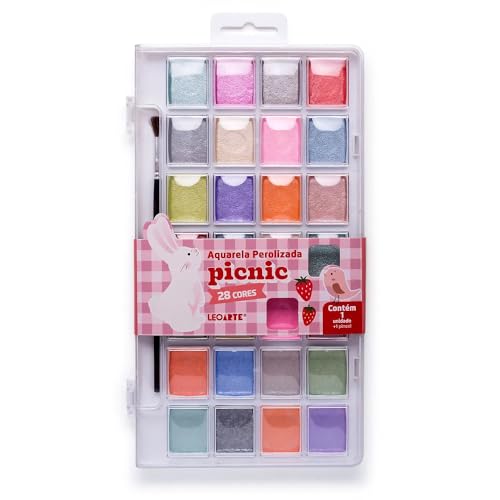 Aquarela Perolizada Picnic - 28 Cores - Estojo + Pincel Leoarte