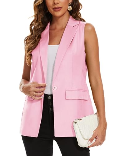 LADI TREND Gilet Femme Long Sans Manches Blazer Bureau Gilets Entièrement Doublé Un Bouton Haut Veste Gilet, M