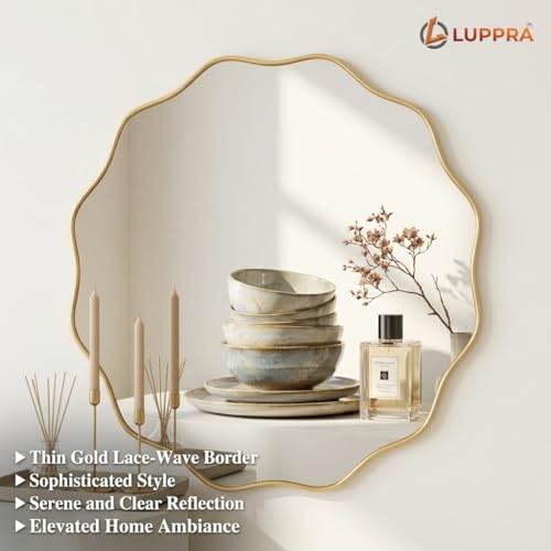 Image of 18x18 Inch Gold Scalloped Wavy Round Mirror - Tempered Glass with Textured Deep Plastic Frame, Modern Decorative Wall Mirror for Bathroom, Living Room, Entryway & Hallway Decor