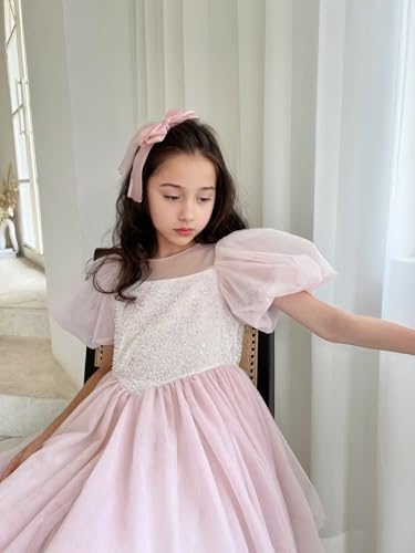 New 1-9 Years Seechoslo Girls Princess Dress Sparkly Sequin Bodice Puff Sleeve Tulle Party Dress4