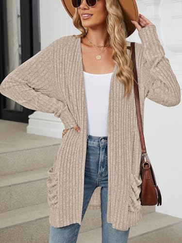 Image of Les umes Womens Open Front Lightweight Knit Cardigans V Neck Loose Long Sleeve Sweaters with Pockets