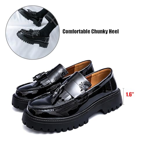 Tassel Loafers for Men's Patent Leather Platform Dress Shoes Chunky Block Heel Heighten Non-Slip Lug Sole Slip On Big Toe Formal Business Loafers for Wedding Party4
