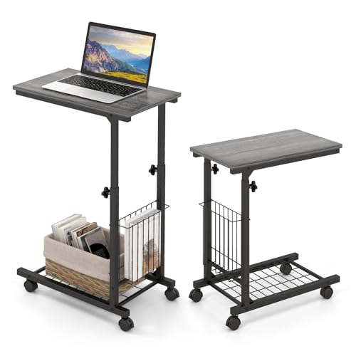 GYMAX Mesa Auxiliar en Forma de C, Mesa para Ordenador Portátil con Ruedas, Mesa de Sofá con Estante Lateral y Base de Rejilla, Mesa Alta para Ordenador Portátil y Revista, 50 x 30 x 80 cm (Gris)