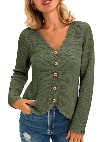 Image of Saodimallsu Womens V Neck Cardigan Sweaters Button Up Cropped Boho Knit Long Sleeve Loose Trendy Sweater Tops