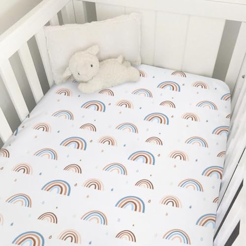 Image of Rainbow Baby Crib Sheet 52''x28'' Cute Rainbow Drops Colorful Stretchy Fitted Crib Mattress Sheet for Boy Girl Bed Sheet for Standard Crib Toddler Mattresses