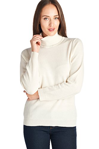 Mariyaab Women's 100% Cashmere Soft Long Sleeve Turtleneck Sweater (1303, Cream, XL)