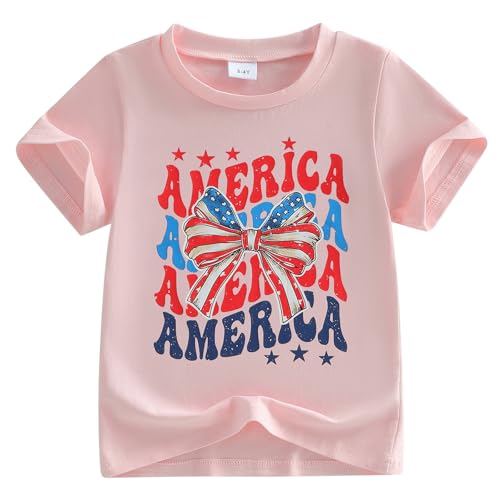 Image of Kids Toddler Girls 4th of July T-Shirt Short Sleeve Patriotic Coquette Bow American Flag Independence Day Top