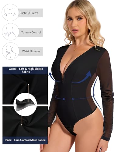 SHAPERIN Mesh Long Sleeve Shapewear Bodysuit Women Sexy Deep V Neck Tummy Control Sheer Body Suit Going Out Tops Concert Outfits Black XL — view 4