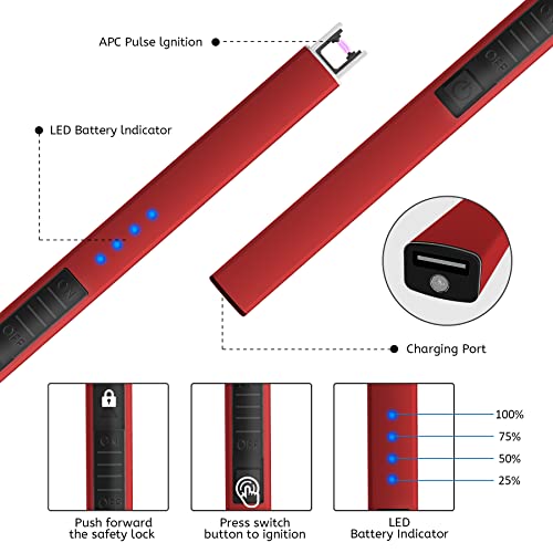 Miniatura 2 de Rouclo Encendedor Electrico,Usb Rechargeable Y Pantalla Led De Batería Cuello Largo Encendedor Cocina Electrico Sin Llama A Prueba De Viento Para Velas, Estufas De Gas, Camping Barbacoa Rojo