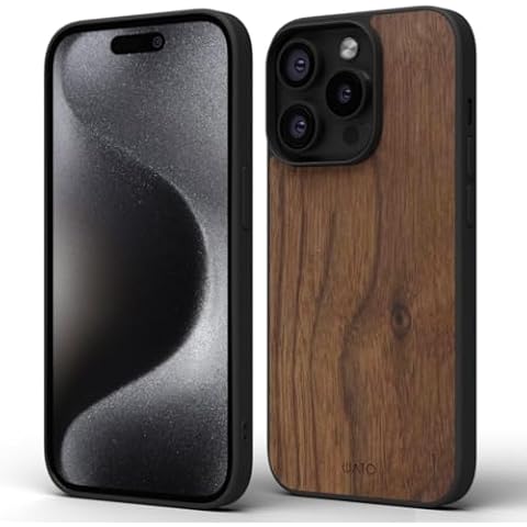 iATO iPhone 15 Pro Magnetic Wood Case. Unique & Classy Shockproof Protective Cover. Compatible with MagSafe & Wireless Charging. Real Wooden Overlay on Soft Black TPU - Natural Walnut Cover