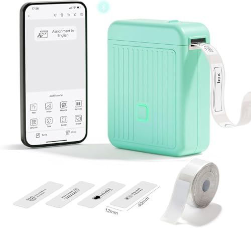 Image of Label Printer with Waterproof Self-Adhesive Labels (12 x 40 mm), Bluetooth Labeling Device, Portable Label Printer, 2000 mAh, Compatible with iOS & Android, for Home, School, and Office (Mint Green)