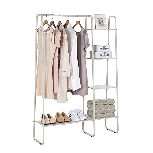 SunnyPoint Open Closet Garment Rack with 4-Tier Shelves & Bottom Storage Shelf, Freestanding Open Wardrobe Clothes Rack Organizer with Hanging Rod for Bedroom Closet. (OFF-WHITE)