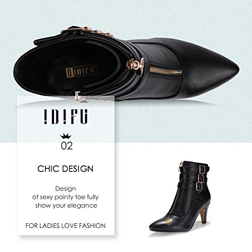 IDIFU Women's Pointed Toe Metal Buckle Two Strap Ankle Booties Side Zipper Kitten Heel Dress Classic Short Boots4
