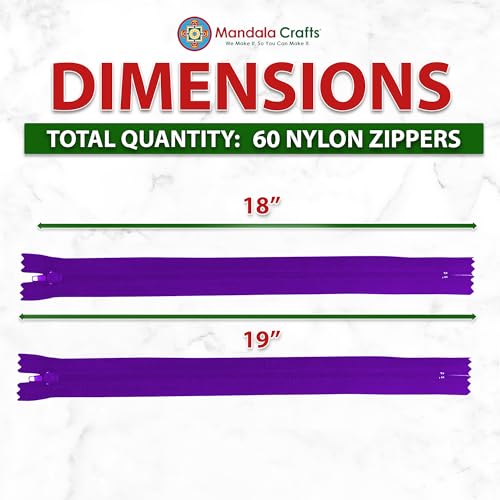 Image of Mandala Crafts 60 PCs Purple Closed-End 18 Inches Nylon Zippers for Sewing