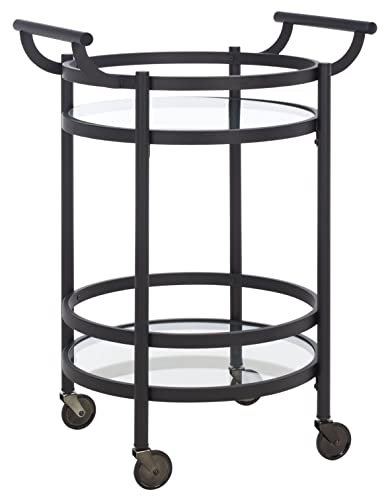 Safavieh Home Collection Sienna Matte Black/Black Nickel Trim Handle/Tempered Glass 2-Tier Round Bar Cart #TOP3