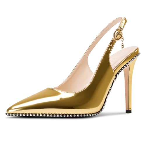 Image of NobleOnly Slingback Beaded Pumps for Women High Stiletto Heel Pointed Toe Slip-on Dress Sandals Adjustable Buckle Rhinestone Patent Leather 3.9 Inches Heels