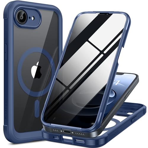 Miracase iPhone 17E / 16E ケース 覗き見防止 MagSafe対応 あいふおん17E / 16E スマホケース 2025 9H強化ガラス 6.1インチ フルカバー 360°全身保護 ワイヤレス充電対応 ダークブルー