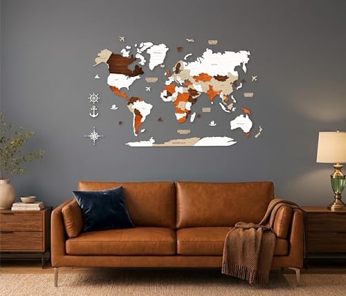 Image of AD INFINITUM 3D Wooden Map of The World | Home Decor | Office Decor | A great gift for travelers | Wall decor Country names with Borders (Multicolor Multilayer, 4x3 Feet, WORLD MAP)