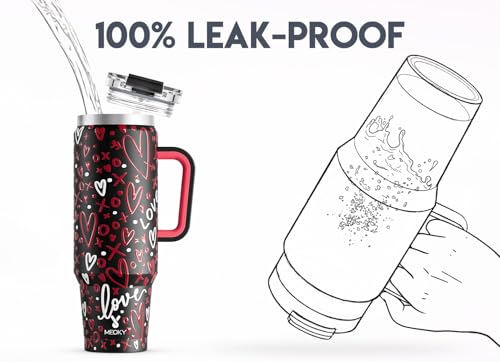 Image of Meoky 40 oz Tumbler with Handle and Straw, Insulated Tumbler with Lid and Straw, Stainless Steel Travel Mug, Keeps Cold for 34 Hours, 100% Leak Proof, Fits in Car Cup Holder (Romance)