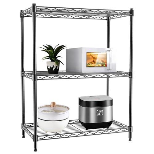Image of Premium Heavy-Duty 3-Tier Black Metal Wire Storage Rack Shelf Organizer | Adjustable Multipurpose Freestanding Shelving Unit for Home, Office, Kitchen | Size 10 inch D x 30 inch W x 30 inch H Inch