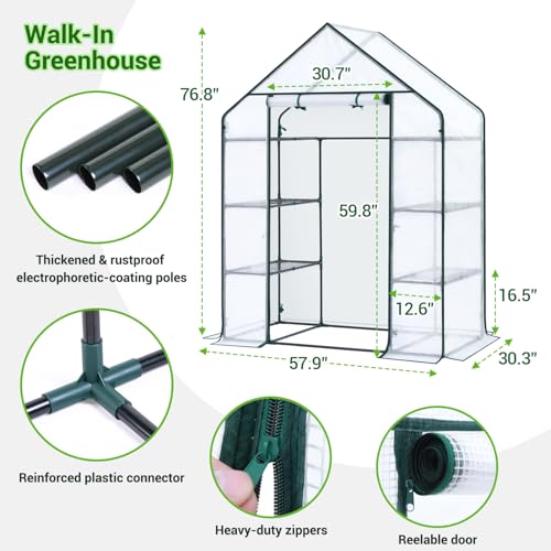 Image of Ohuhu Small Greenhouse for Outdoors: 4 Tiers 6 Shelves Walk-in Indoor Green House Heavy Duty Plant Stands Reinforced Plastic PE Cover Mini Portable Warm House for Outside, 4.8x2.5x6.4 FT White