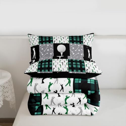 Image of Feelyou Golf Comforter Set Full Size Black Green Plaid Buffalo Check Geometric Bedding Set for Kids Boys Girls Sports Theme Duvet Quilt Bedroom Decor Microfiber 3 Pcs with 2 Pillow Cases