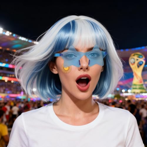 Image of ANOGOL Hair Cap + (Sunglasses) Blue White Bob Wig with Bangs Womens Blue White Party Wigs with Sunglasses Short Neon Wig Fun Wigs Halloween Costume Bachelorette Hair Sports Event St Patrick Day