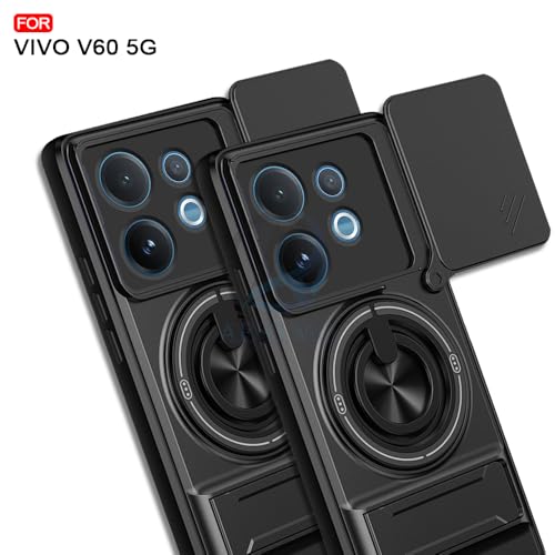 Image of AESTMO Vivo V60 / V60E / T4 Pro 5G Back Cover | Armor Camera Slider 360 Degree Rotating Finger Ring Holder Case with Bracket Stand Back Case Cover (Compatible with MagSafe Accessories) (Black)