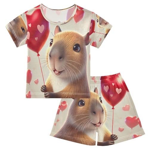 Capybara Valentines Balloon Heart Pajama Set Short Sleeve Summer Pajamas Shorts Sets PJ Clothes Set Soft 5Y