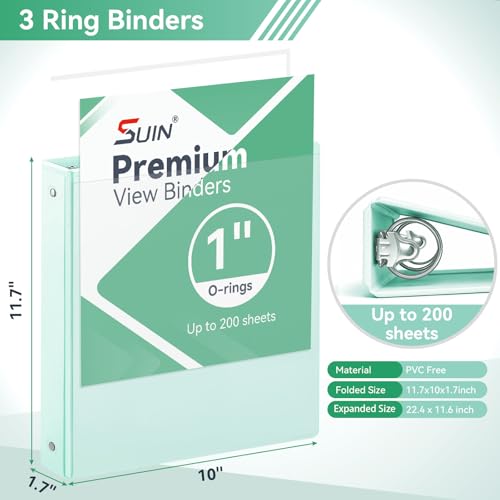 Image of SUIN 1 Inch 3 Ring Binder, Clear 1'' View Presentation Binders with 2 Pockets, Fits 8.5 x 11 Letter Size, Durable Polypropylene, Non-Stick & PVC-Free for School, Office & Home (Pastel Green)