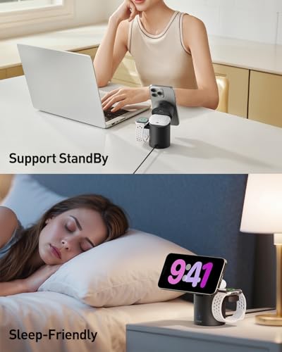 iWALK 3 in 1 Wireless Charging Stand with Auto Rotation, Charging Station with Magnet for Apple Devices, 15W Foldable Wireless Charger Station for iPhone 16 15 14 13 12 & Apple Watch & Airpods, Black