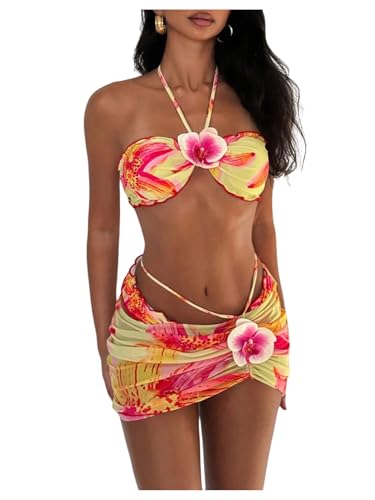 SOLY HUX Women's 3 Piece Swimsuit Floral Halter Bikini Set Beach Vacation Bathing Suit with Drawstring Cover Up Skirt