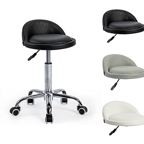 Mingone Office Stool Height Adjustable Rolling Stool with Backrest 360° Swivel Stool with Wheels Work Stool Ergonomic Stool Made of PU Leather, Black