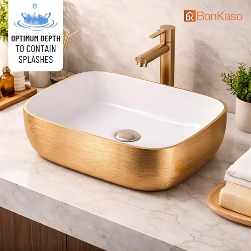 Image of BONKASO White Gold Luxury Table Top Wash Basin (45 x 32.5 x 13.5 cm) | Designer Ceramic Countertop Bathroom Sink | Modern Vanity Art Basin 1001