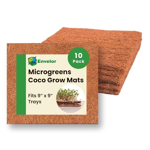 Envelor Coco Grow Mat for Microgreen Seedlings Trays Hydroponic Growing Pads Sprouting Tray Coconut Fiber Seed Starter Planting Sheets Natural Coco Coir Liner - 9 x 9 Inches, 10 Pack