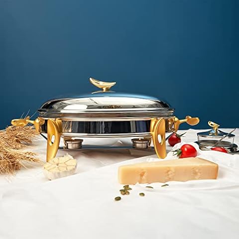 Rigeli Regent O2 Stainless Steel 3 Lt. Oval Warmer with Stainless Steel Cover, Chafing Dish, Buffet Servers, Gold, Silver Cover