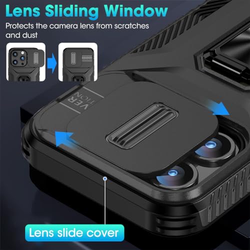 Image of ZORBES Phone Case for iPhone 15 Multifunctional Phone Cover with Folding Phone Ring Grip & Sliding Camera Cover, PC Anti-Scratch Phone Case for iPhone 15 6.1 inch Black