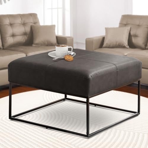 Image of Modern Square Coffee Table, Farmhouse Ottoman for Living Room, Large Vintage Leather Coffee Tables with Leather Upholstered Padded Seat [Square, Vintage Black, 30'']