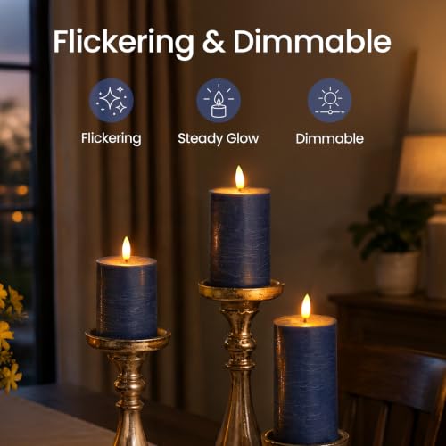 Wroxipel Set of 4 Navy Blue Real Wax Flameless Candles with Remote, Long Lasting Battery Operated LED Pillar 3" x 4" 5" 6" 7" with Timer and Flickering Electric for Home Decor by Wroxipel - Used condition - Image 6