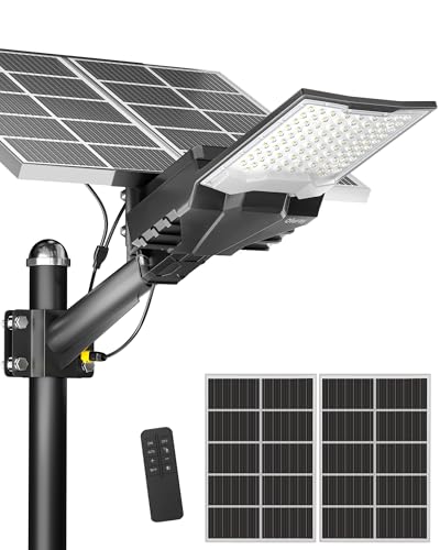 Ofuray Solar Street Lights Outdoor,OHF-Pro-Max 60,000Mah High Power Solar Security Flood Lights Parking Lot Lights Commercial Dusk to Dawn,IP67 6500k Led with Remote for Street,Court,Barn