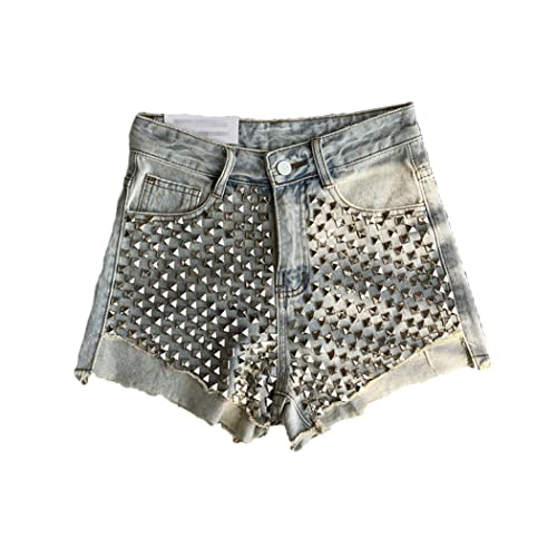 Short en jean taille haute galbant femme à rivets cloutés xl