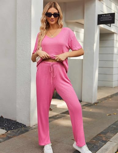 Image of Ekouaer Womens Ribbed Knit Lounge Set Short Sleeve Top and Long Pants Sleepwear Pajama Set Two Piece Matching Outfits Set